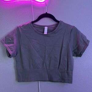 Gray Fitted Crop Top with Crew Neck and Short Sleeves